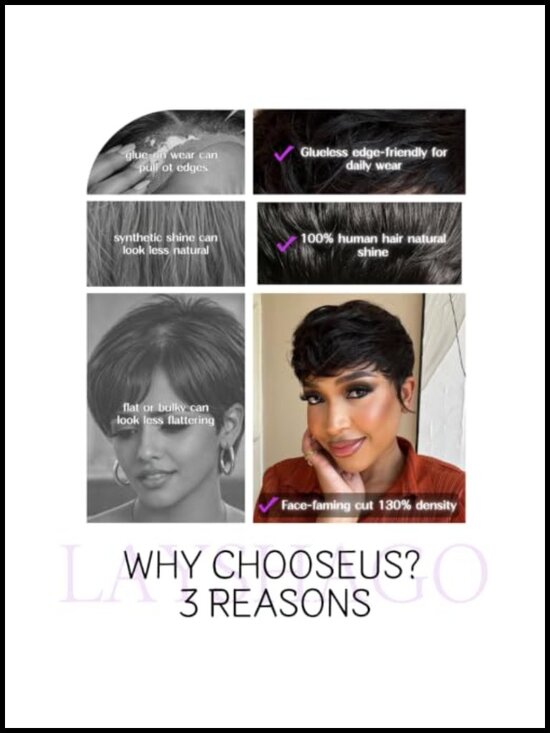 100% Human Hair Pixie Cut Wig for Women, Glueless Short Layered Wig with Bangs, main image 4